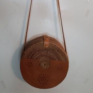 Handmade Bali Rattan Crossbody Bag w/ Leather Detail | Round Ata Grass Purse